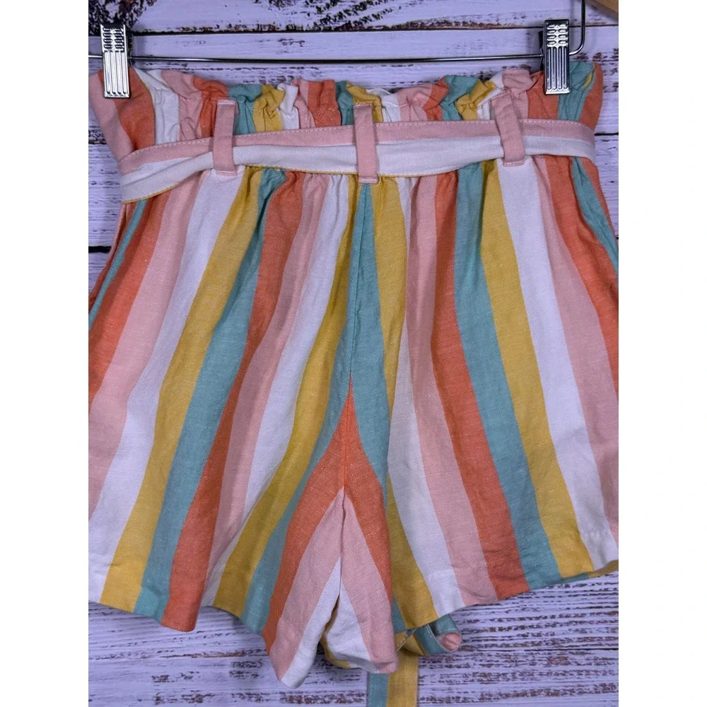 LOFT Shorts Women Small Multi-Color Striped Linen Blend Paperbag Waist 4